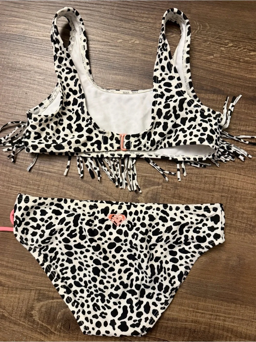 Roxy Girls Bikini Swimsuit Black White Animal Print Fringe Size 10/12